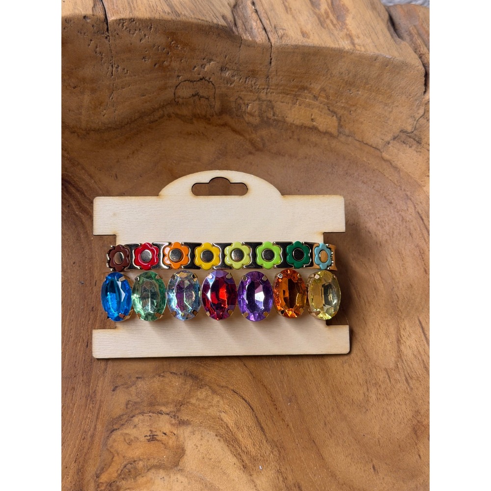 Rainbow Enamel Flower and‎ Oval Rhinestone Stretch Bracelet Set 2pc Multicolor